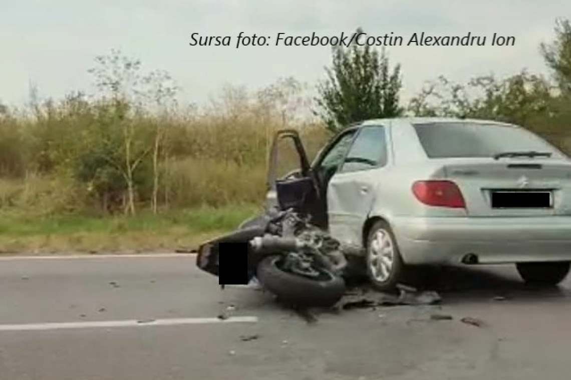 O mașină și o motocicletă s-au ciocnit, pe DN1B, la Chițorani. Trafic restricționat parțial