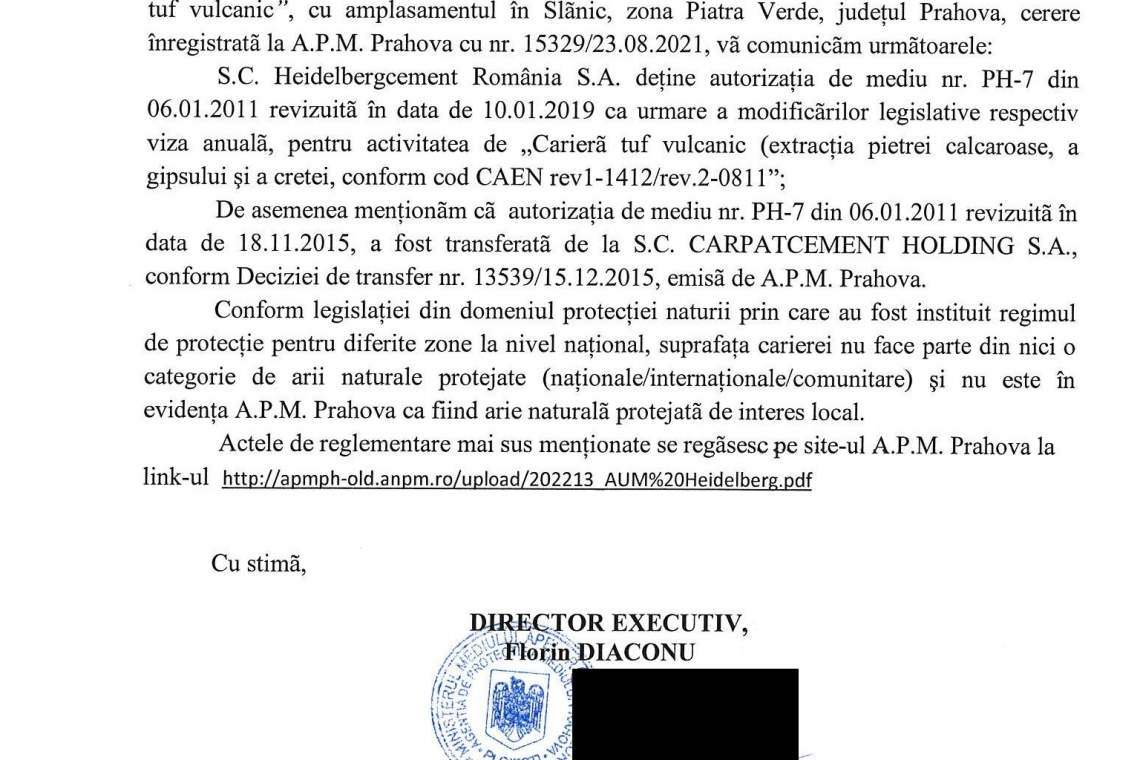 Agenția pentru Protecția Mediului Prahova, reacție oficială în scandalul carierei de tuf vulcanic de la Piatra Verde - Slănic