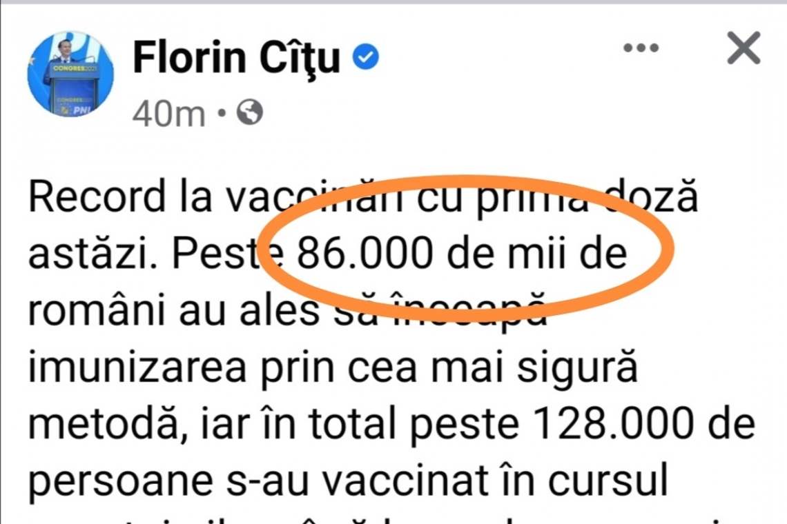Finanțistul Cîțu: 86.000 de mii de români s-au vaccinat astăzi cu prima doză