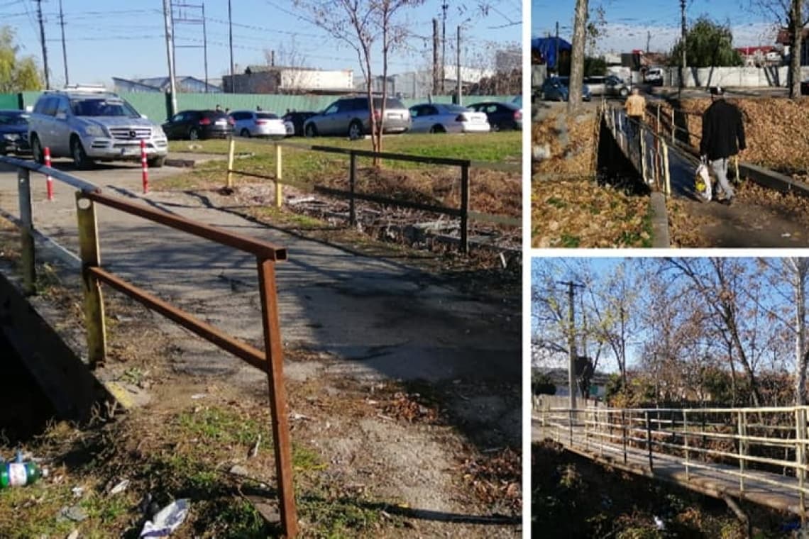 Două pasarele ruginite și un podeț distrus, peste pârâul Dâmbu, vor fi înlocuite
