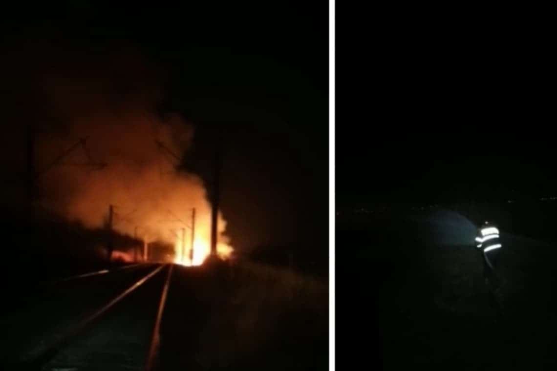 Trenuri de călători, blocate din cauza unui incendiu de vegetație, în zona Inotești