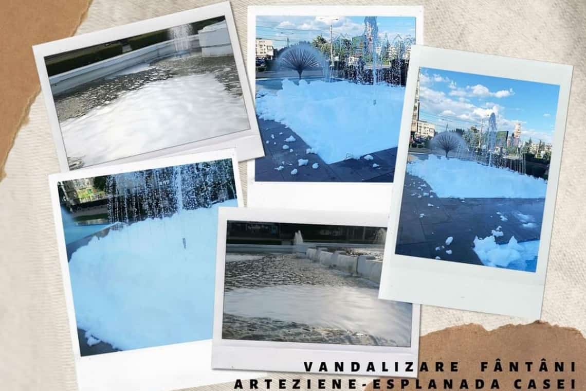 Două fântâni arteziene din Ploiești, "atacate" cu spumă! 