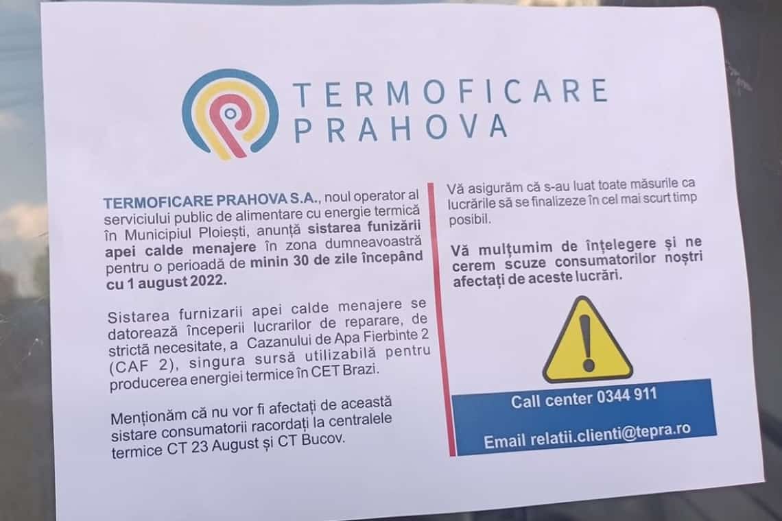 Termoficare Prahova SA anunță, oficial, sistarea furnizării apei calde în apartamentele ploieștenilor