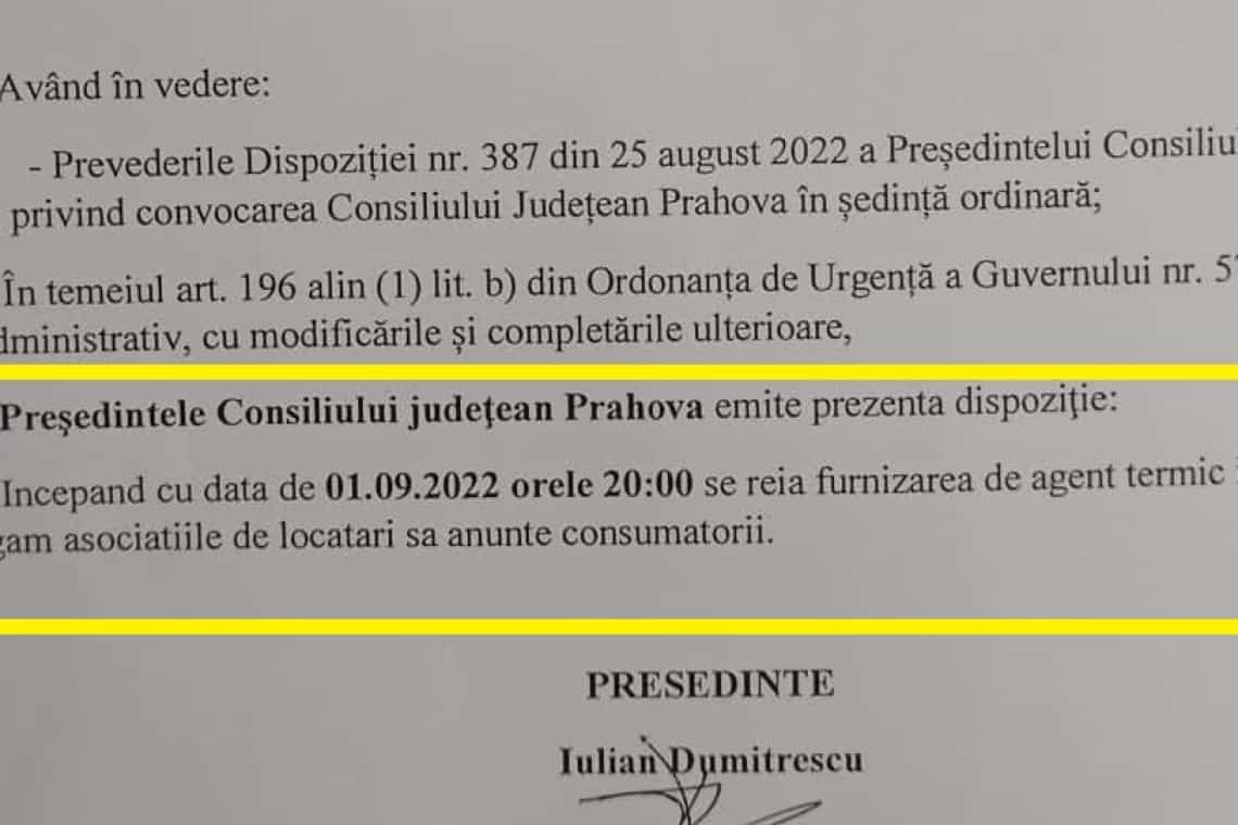 Consiliul Județean va face plângere la Poliție în cazul documentului fals privind reluarea furnizării apei calde