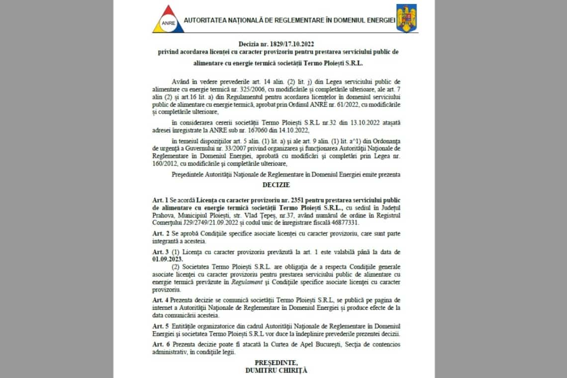 Foto document/ Termo Ploiești a primit licență provizorie pentru termoficarea Ploieștiului