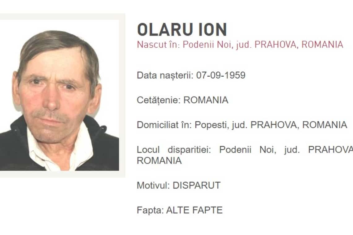 Un bărbat din Podenii Noi, dat dispărut de familie. Dacă l-ați văzut, sunați la 112!