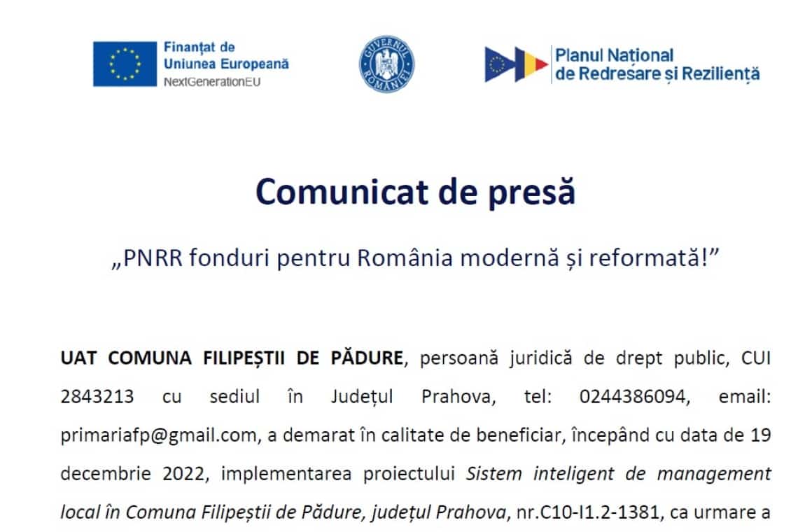 COMUNICAT DE PRESĂ - Sistem inteligent de management local în Comuna Filipeștii de Pădure - județul Prahova