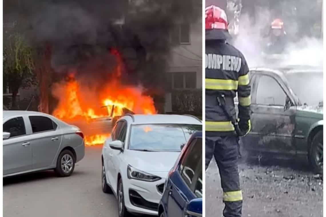 Un autoturism a ars ca o torță pe o stradă din Ploiești. Alte două au fost afectate de flăcări