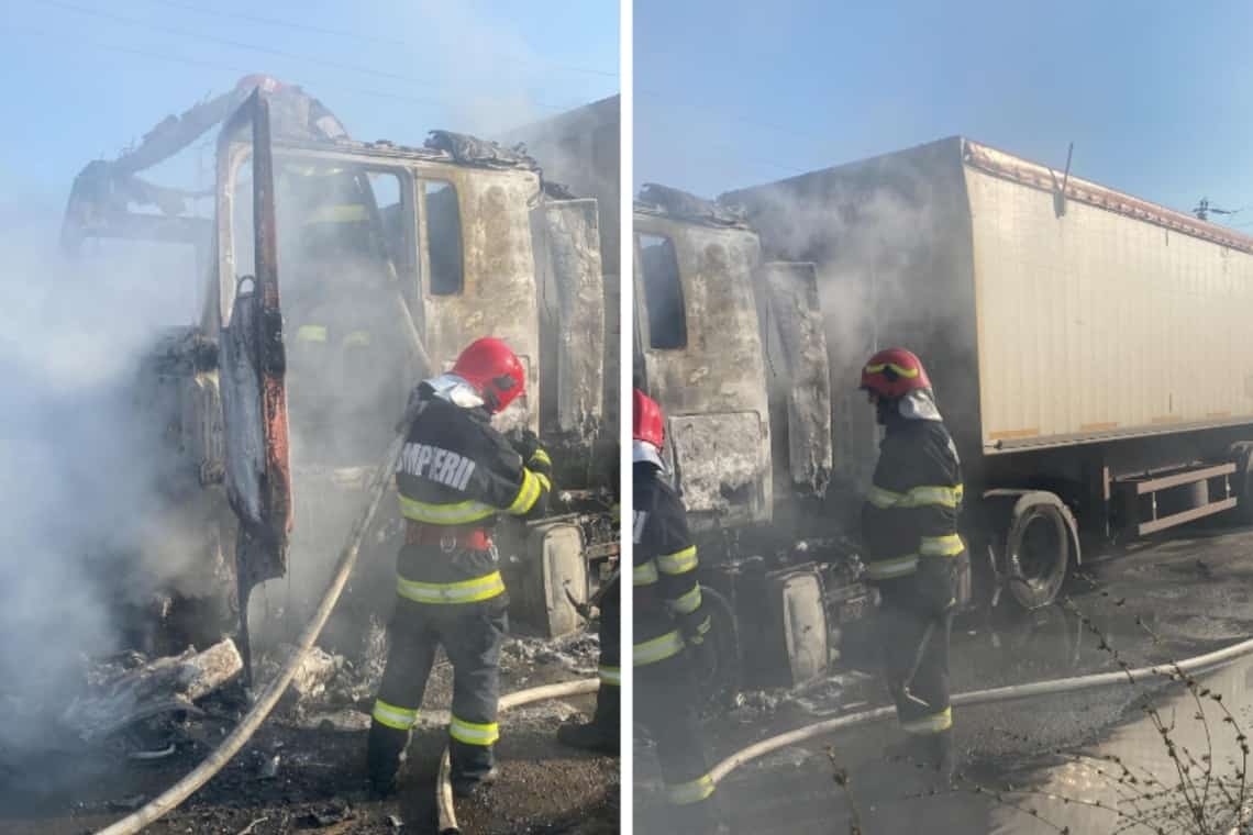 Un autocamion a luat foc în comuna Colceag, din cauza supraîncălzirii motorului