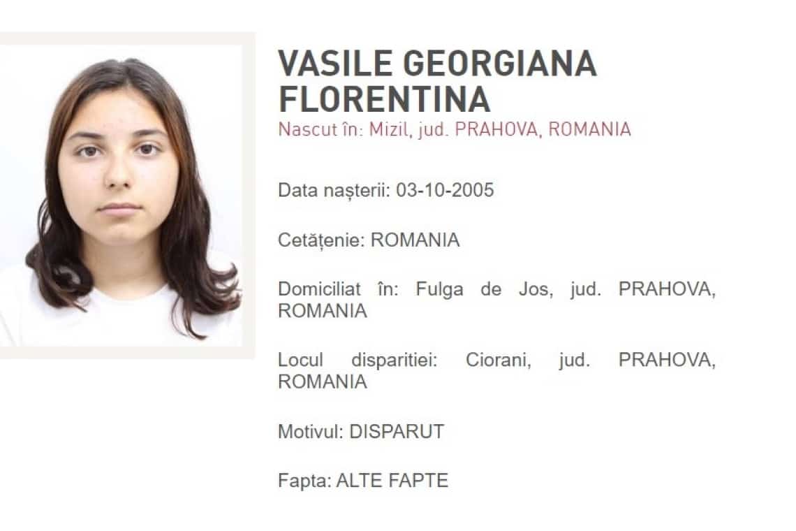 O tânără în vârstă de 18 ani, din comuna Fulga, dată dispărută de tatăl ei