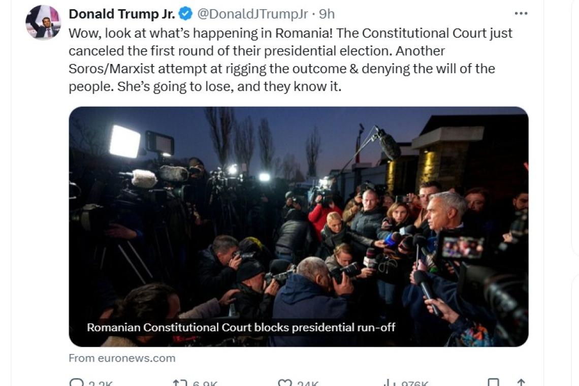 Mesajul lui Donald Trump Jr., după anularea alegerilor din România