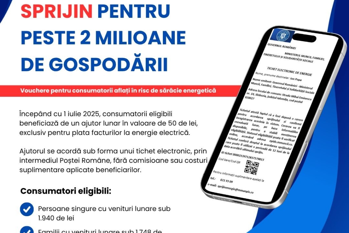 Ajutor lunar de 50 de lei pentru familiile cu venituri mici, la plata facturilor de energie electrică