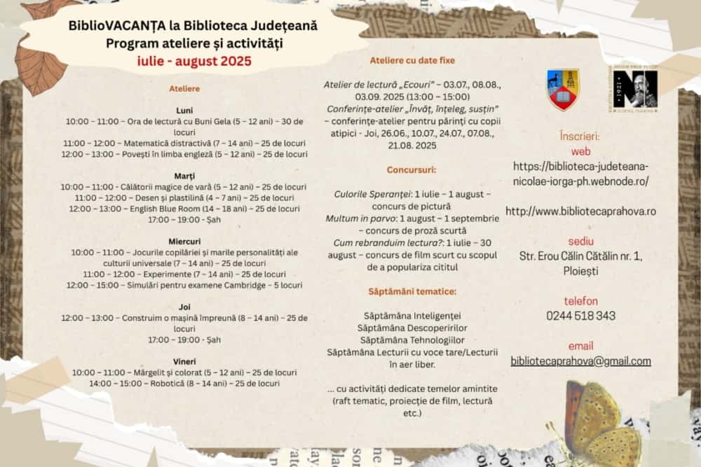 BIBLIOVACANȚA, un program derulat în perioada vacanței de vară la Biblioteca Județeană ”Nicolae Iorga”