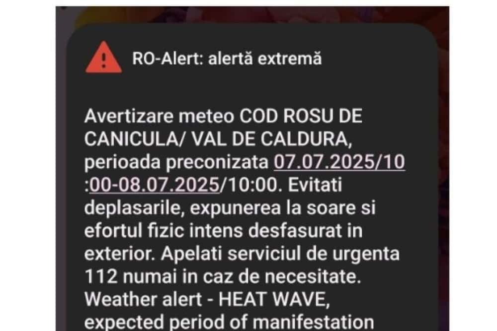 Prima zi de COD ROȘU din această vară începe cu un mesaj Ro-Alert, în Prahova