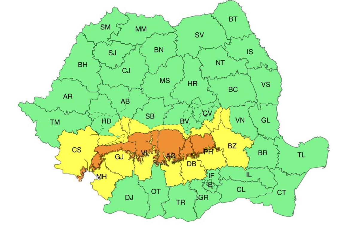 Cod portocaliu de vreme severă în jumătatea de nord a Prahovei - ninsori viscolite la munte și precipitații abundente