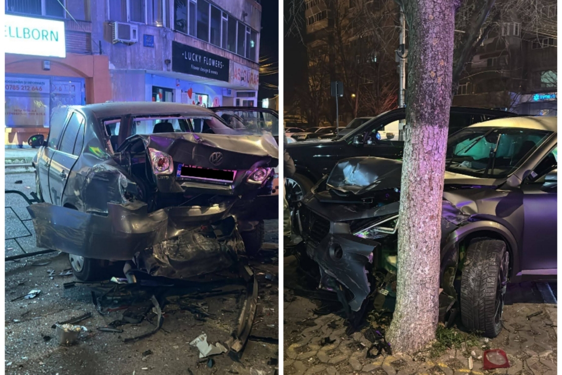 Accident în sensul giratoriu de la Caraiman. Un tânăr băut a intrat cu mașina în două autoturisme parcate și într-un copac