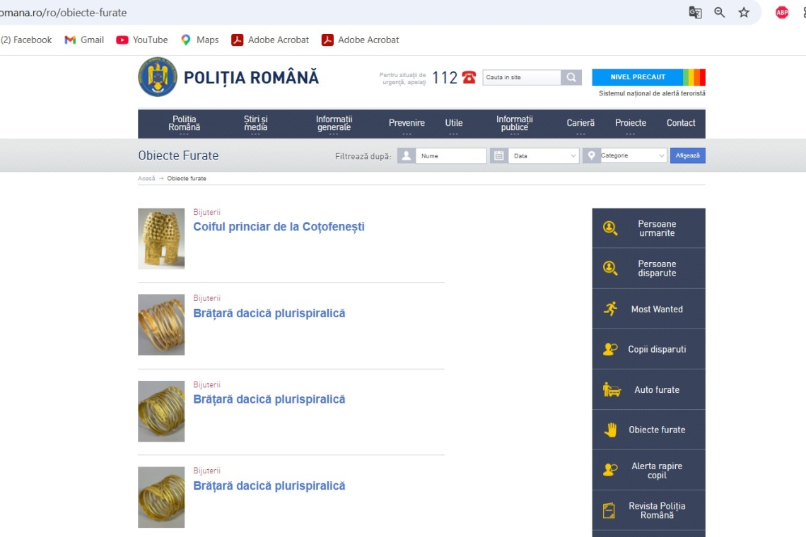 Tezaurul furat din Olanda, încă pe lista Poliției Române. Coiful de la Coțofenești și brățările dacice, descrise în detaliu