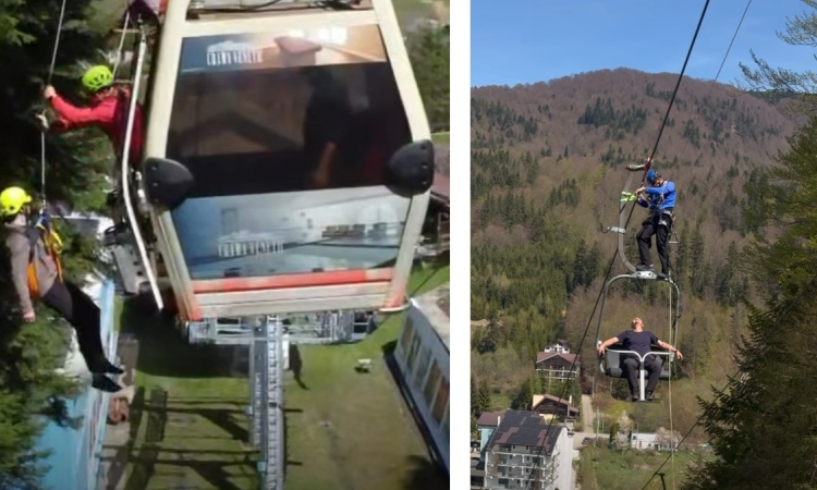 Exercițiu de salvare desfășurat la telegondola și telescaunul din Azuga. Salvamontiști, pompieri și jandarmi au participat la acțiune