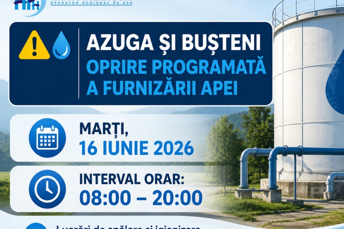Azuga și Bușteni: oprire programată a furnizării apei potabile pentru lucrări de igienizare. Anunț Hidro Prahova