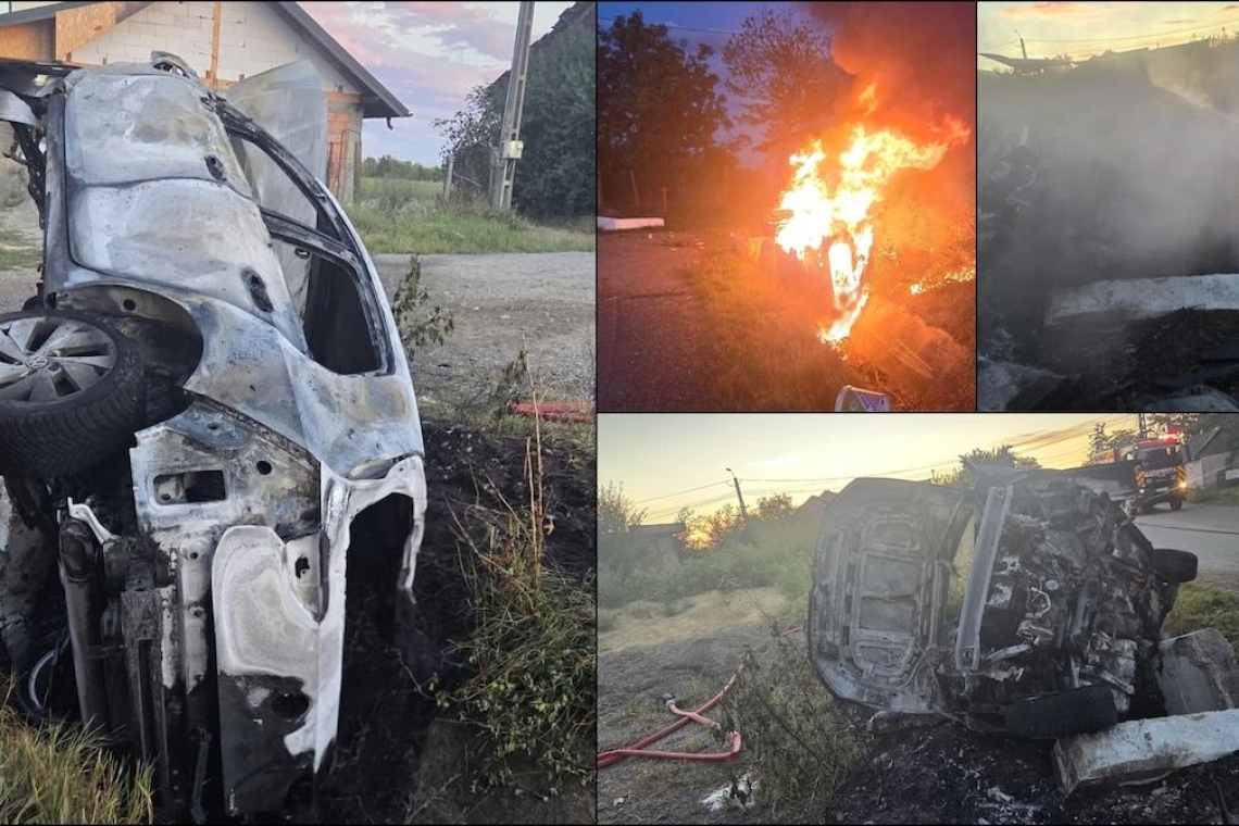 Doi adolescenți au murit carbonizați într-un autoturism, după ce mașina s-a izbit de un cap de pod