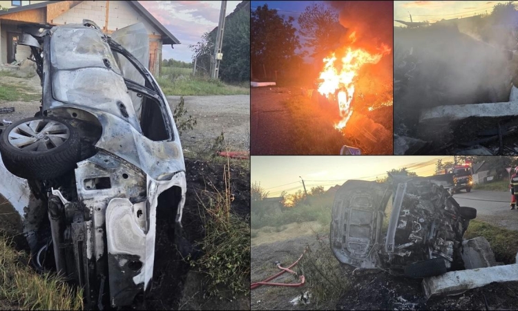 Doi adolescenți au murit carbonizați într-un autoturism, după ce mașina s-a izbit de un cap de pod
