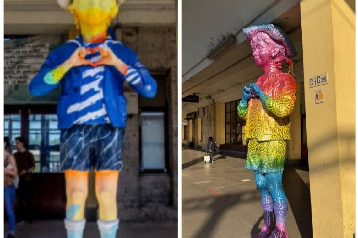 Domnul Goe de la Gara de Sud, ”îmbrăcat” în culorile curcubeului, simbol al LGBT. Social-democrații cer îndepărtarea vopselei de pe vestitul personaj al lui Caragiale