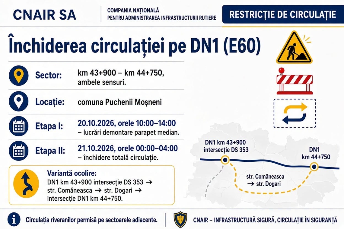 Atenție, șoferi! Marți și miercuri se închide DN1, la Puchenii Moșneni. Rută ocolitoare prin sat